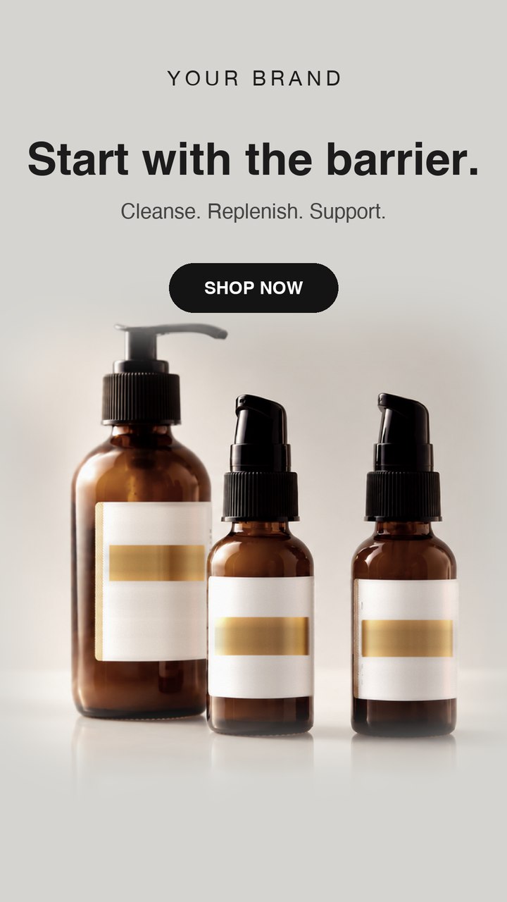 Before: a recreated typical static ad. Three amber bottles on flat grey, the headline 'Start with the barrier.' and a Shop now button.
